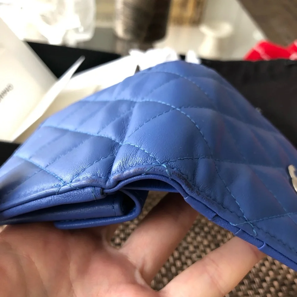 Chanel lambskin leather blue bifold wallet
